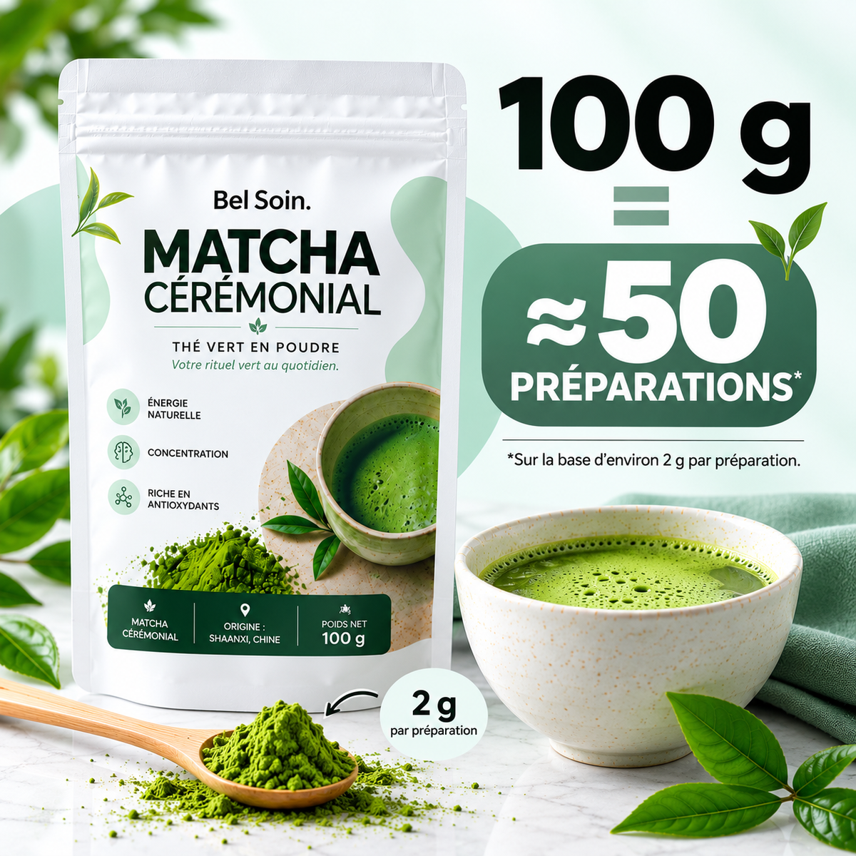 Matcha Cérémonial Premium™ – Énergie, Concentration & Bien-Être | 100 g Bel Soin