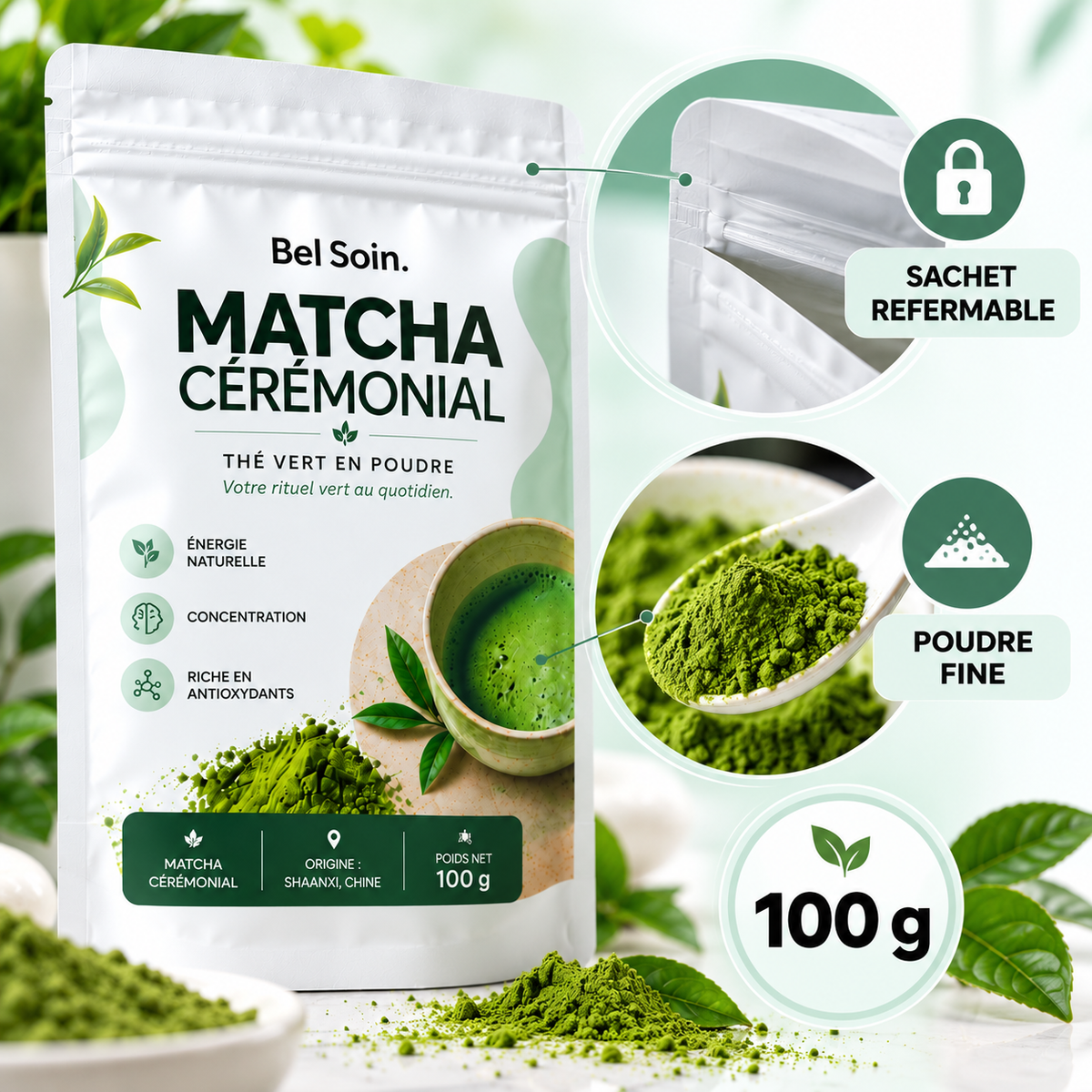 Matcha Cérémonial Premium™ – Énergie, Concentration & Bien-Être | 100 g Bel Soin